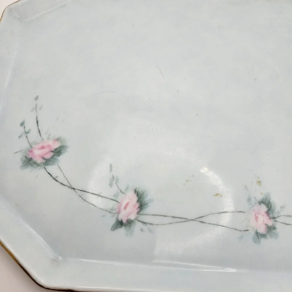 Antique T&V Limoges France 3 Pc Vanity Set Blue Pink Roses‎ Tray Powder Jar